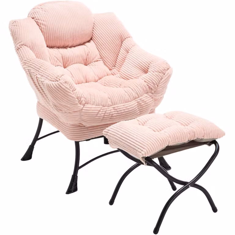 SEEDWAVE Oorfauteuil met bijpassende poef en zijvak, fluweel, Roze