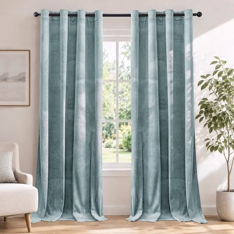 Set van 2 verduisterende fluwelen gordijnen met thermische isolatie - Groen Grijs - 140 x 160 cm