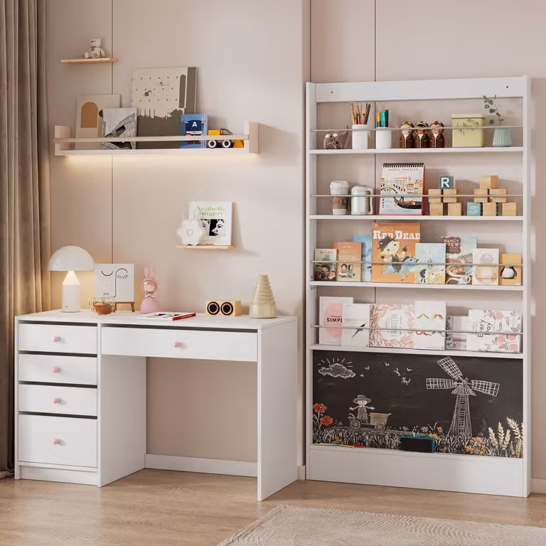 OKWISH Bureau met Boekenkast Set – 2-Delige Set met 5 Laden en Krijtbord – Wit – B: 120 cm, D: 45 cm, H: 74 cm