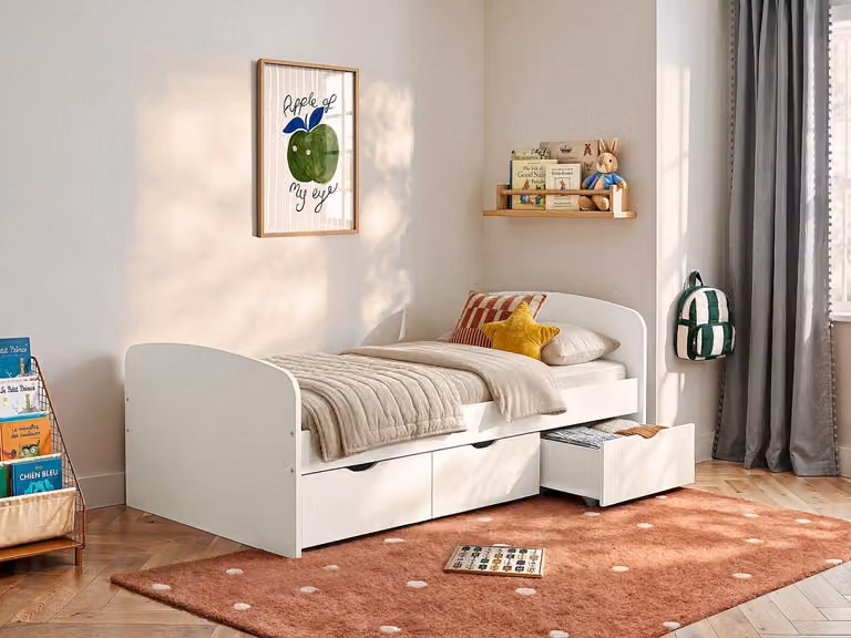 Vente-unique Bedframe wit met lades en opbergbox, 90 x 190 cm