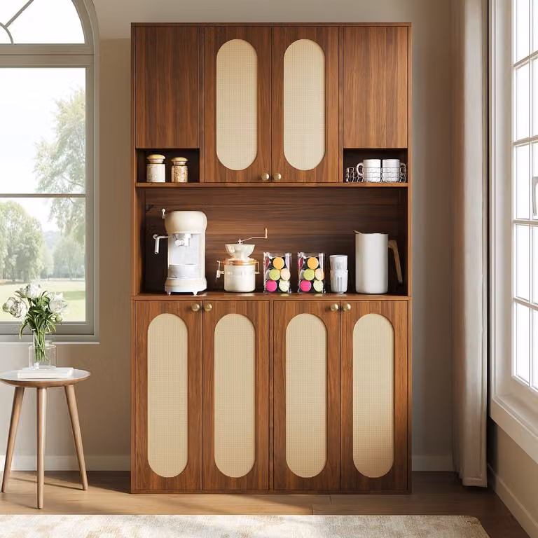 Modern Dressoir met LED-verlichting en Rattan Front in Natuurlijk Hout, Breedte: 178 cm, Hoogte: 106 cm, Diepte: 40 cm