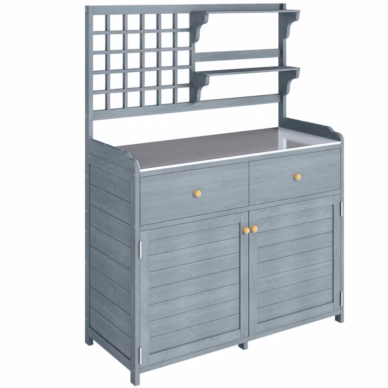 Outsunny Plantentafel met Kast Outdoor - Houten Tuinkast met Gegalvaniseerd Werkblad en 2 Lades - Lichtgrijs - H x B x D: 140 x 104 x 44 cm