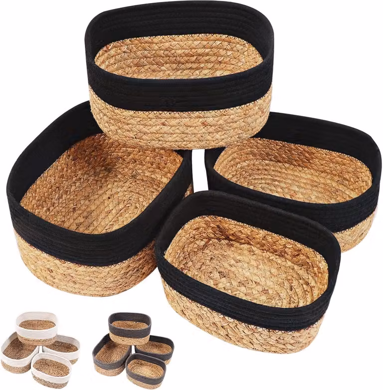 Set van 4 geweven opbergmanden van waterhyacint en katoen voor badkamer, woonkamer en keuken