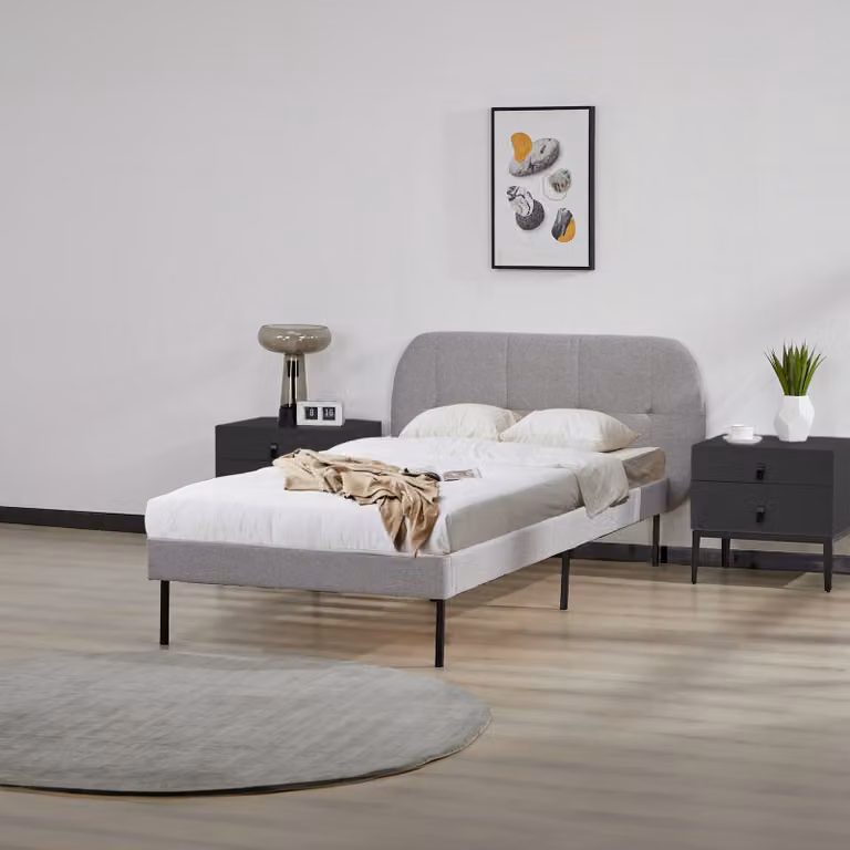 En.casa Gestoffeerd bed Porvoo, grenenhout en textiel, 90 x 200 cm, grijs
