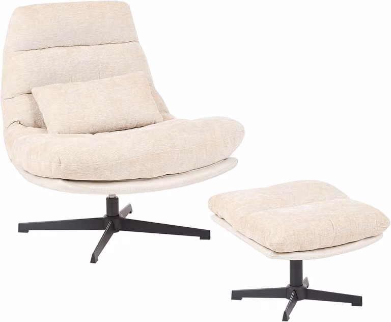 Tovik Chenille Draaibare Fauteuil met Hocker in Beige - Mid-century Lounge Stoel