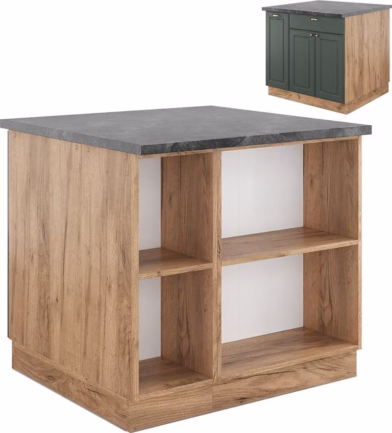 Vicco Keukeneiland Fame-Line Groen-Goud Power Eik 90 cm met lade en open vakken, zonder werkblad