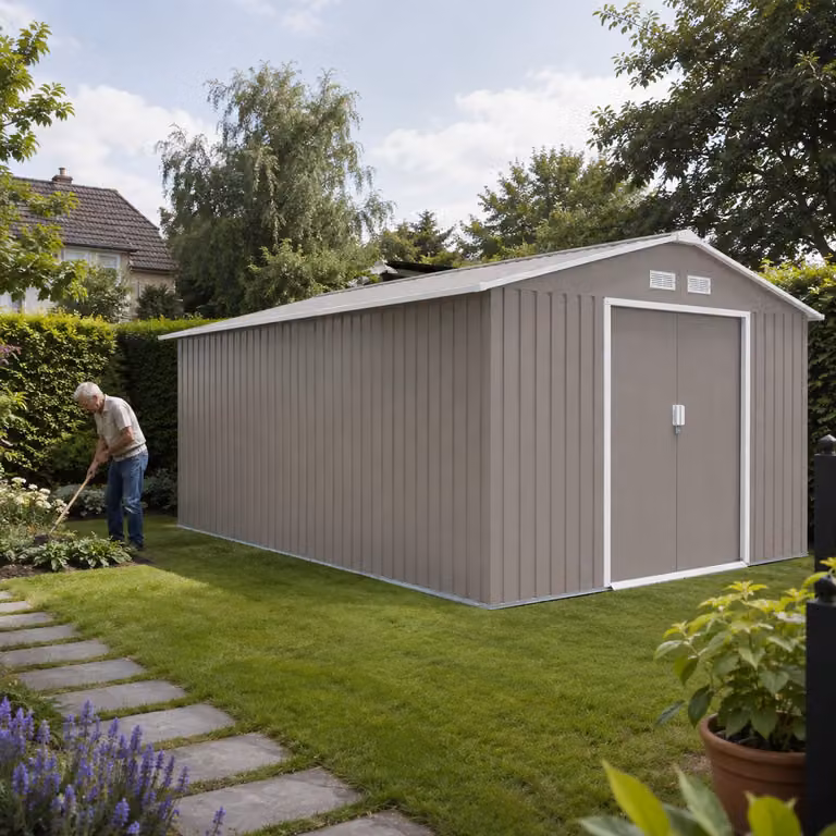 Outsunny Gereedschapsschuur van gegalvaniseerd metaal met schuifdeuren en fundering, lichtgrijs, B: 386 cm, D: 340 cm, H: 200 cm