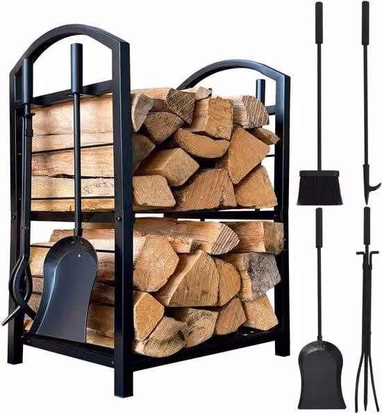 Unyqoos Houtopslagrek van staal matzwart B/D/H: 45 x 30 x 74 cm inclusief tang, borstel, schop en haak