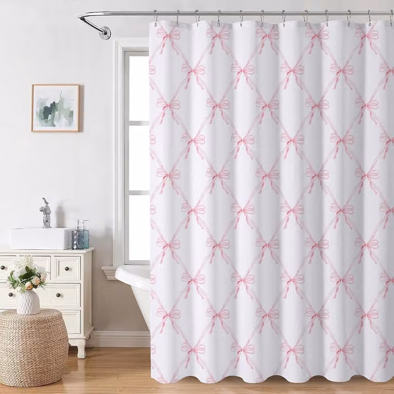 Modern douchegordijn met roze strik voor de badkamer, waterdicht polyester, inclusief 12 haakjes, 180 x 180 cm