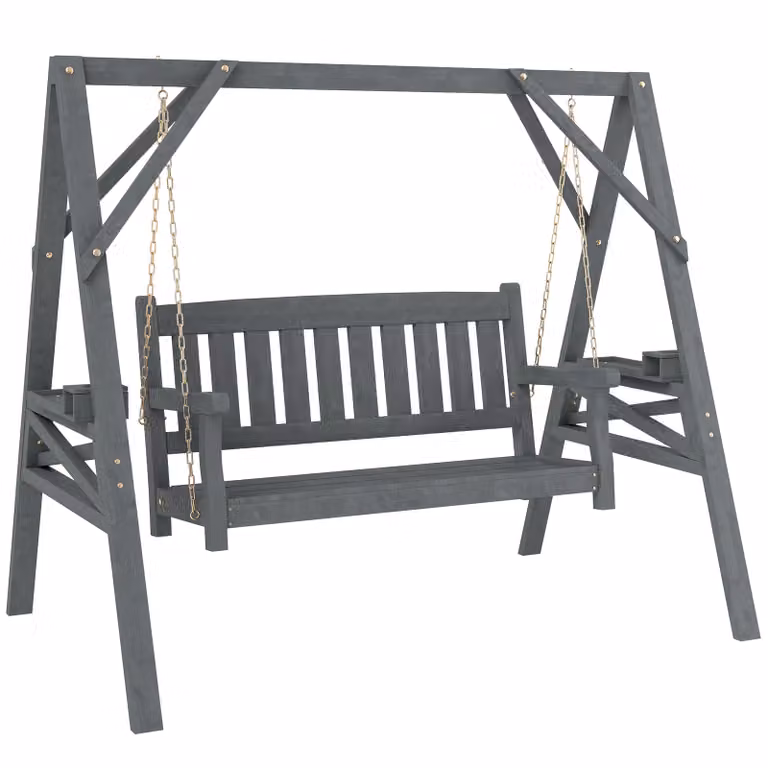 Outsunny 2-persoons tuinschommel, houten schommelbank met bekerhouders en metalen kettingen, grijs