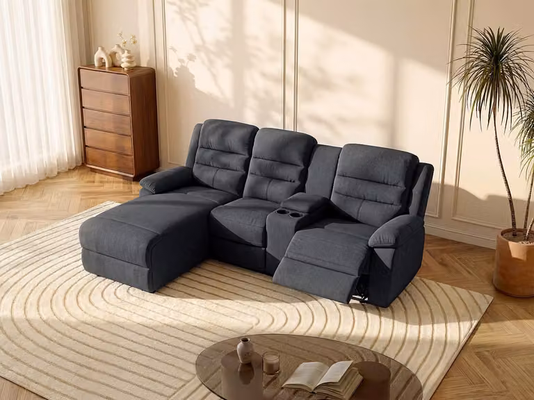 Vente-unique MACEDONIA Relaxhoekbank links in antraciete stof met relaxfunctie en bekerhouder B/D/H: 231 x 172 x 102 cm
