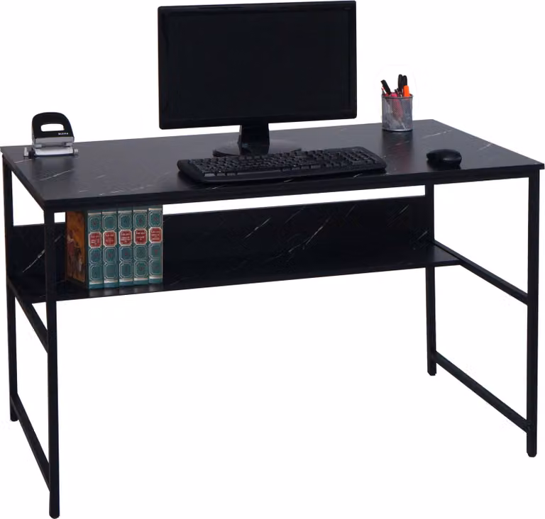 Mendler Kantoorbureau HWC-K80 met opbergruimte, Marmerlook Zwart, B: 120 cm, D: 60 cm, H: 78 cm