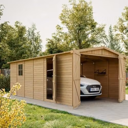 TIMBELA Garage van natuurlijk dennen- en sparrenhout, Chalet-stijl, H: 222 cm, B: 616 cm, D: 324 cm, 18 m², opslag voor fietsen en gereedschap, M102
