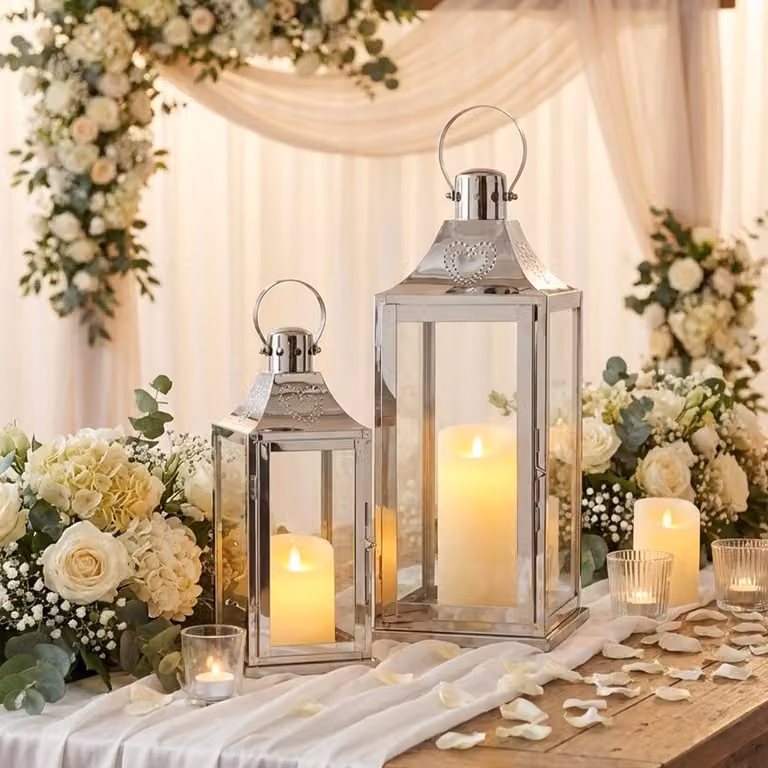 Set van 2 zilveren roestvrijstalen decoratieve lantaarns met gehard glas, H: 43 cm en 30 cm