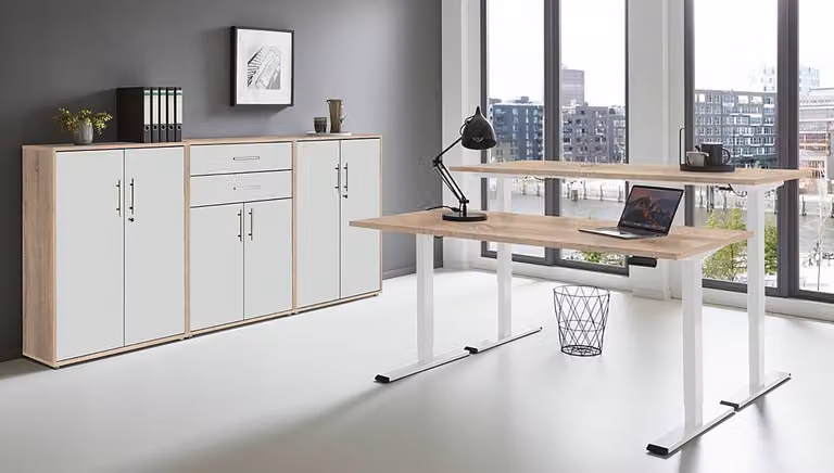 home24 Kantoorset 3-delig, bruin/Sonoma eikenhouten look/wit, B/D/H: 138 x 85 x 33 cm