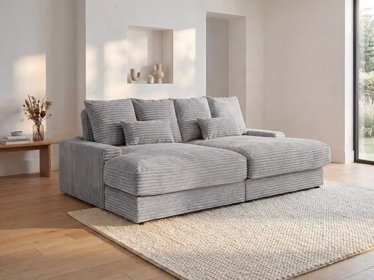 Vente-unique CALAZO driezitsbank in grijs ribfluweel met diepe zitting en losse rugkussens B/D/H: 232 x 85 x 128 cm