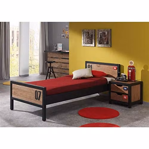 ALEX Bed inclusief lattenbodem en nachtkastje met 2 laden, zwart/hout, 90 x 200 cm