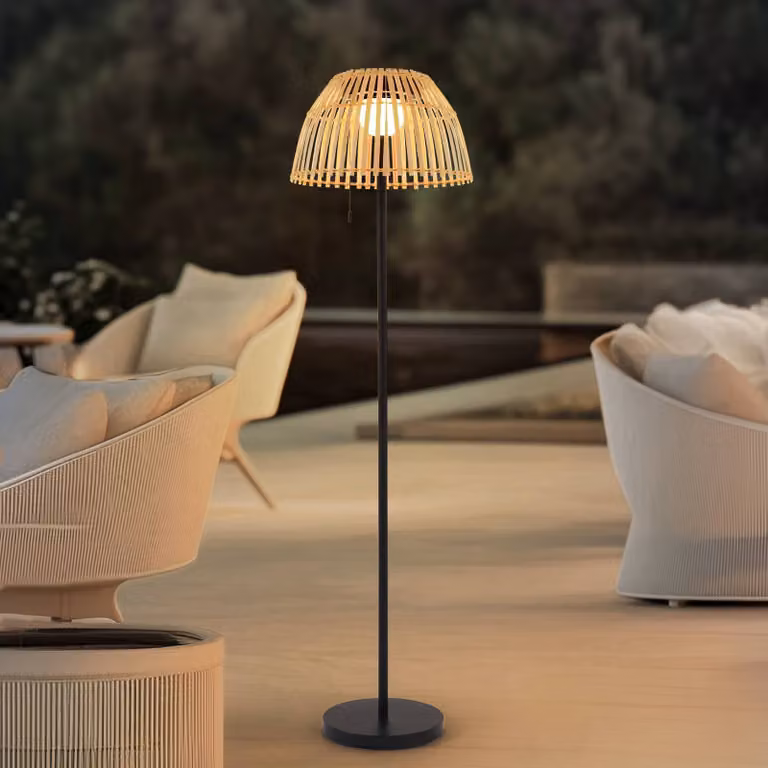 Lucande Eligio LED-zonne-energie vloerlamp - Bamboe en Aluminium - Bruin - Ø 39 cm - Dimbaar en RGB