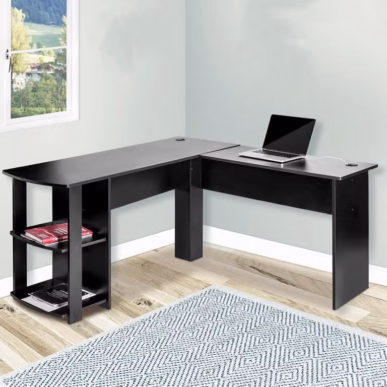 L-vormig Hoekbureau voor Thuiswerkplek met Opbergvakken - Zwart - Breedte: 140 cm