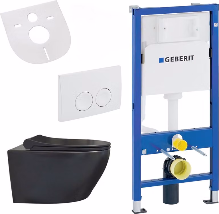 Belvit wandtoiletset met spuitrandloos keramiek, matzwart, inclusief Softclose-wc-bril en Geberit UP100 inbouwreservoir