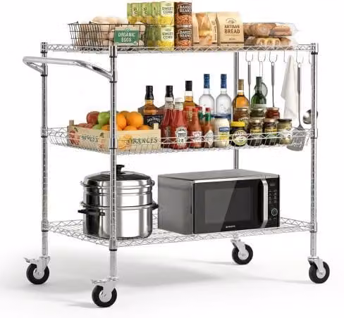 Vevor Keukentrolley met 3 niveaus, zilverkleurige metalen serveerwagen met in hoogte verstelbare planken en wielen, B/D/H: 101,6 x 63,5 x 104,0 cm