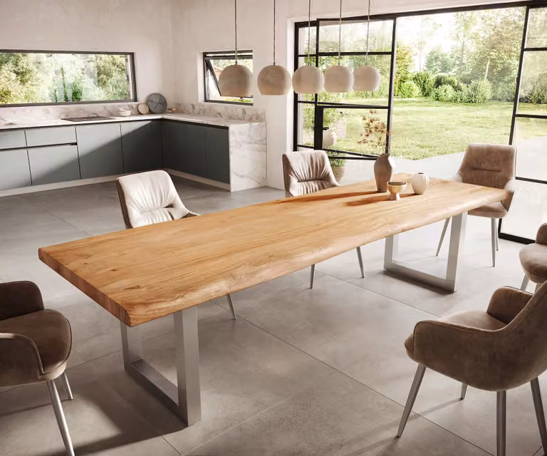 DELIFE Eettafel Edge Live-Edge Acacia Hout en Roestvrijstaal Bruin Zilver B: 300 cm, D: 100 cm, H: 76,5 cm