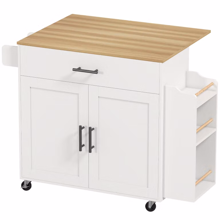 HOMCOM Keukentrolley met uitschuifbaar werkblad, stopcontacten, USB en lade, wit en naturel, Breedte: 120 cm