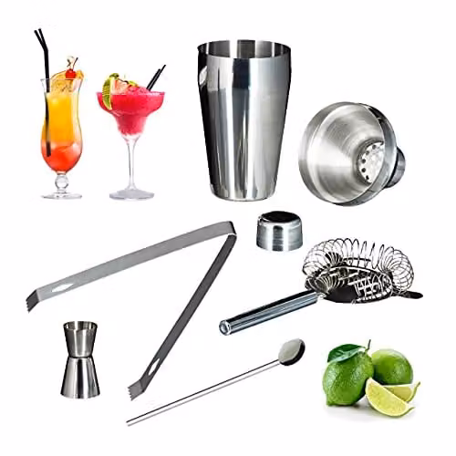 Relaxdays 6-delige barset van roestvrij staal in zilver en bruin, inclusief 200 ml flachmann, shaker, barzeef, maatbeker, cocktaillepel en ijsblokjestang