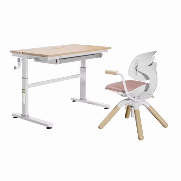 PonteSino Kinderbureau-set LUKA met verstelbaar blad en stoel, houtlook/roze, B: 100 cm, D: 60 cm, H: 76 cm