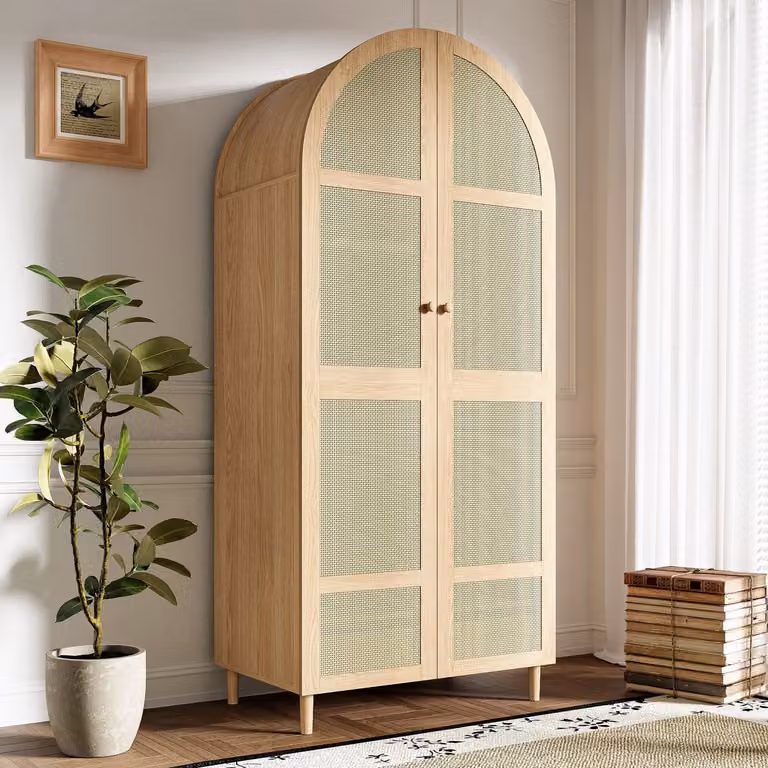 OKWISH Kledingkast met gebogen deuren en rattan panelen en lades, Naturel, B: 80 cm, D: 50 cm, H: 179 cm