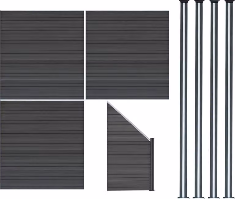 Monster Shop WPC privacy schermen met 3 schermen, 1 hoekstuk en 4 LED schuttingpalen - Grijs