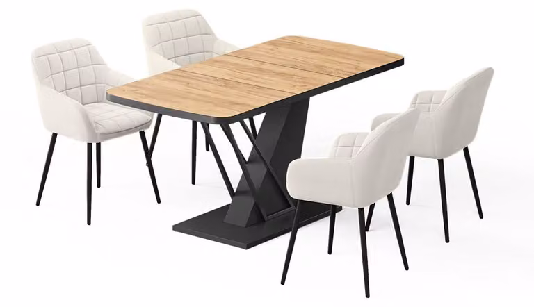 Vicco Fenaro Eettafelset met 4 eetkamerstoelen, Goudkleurig Eiken/Zwart, B: 120 cm, D: 80 cm