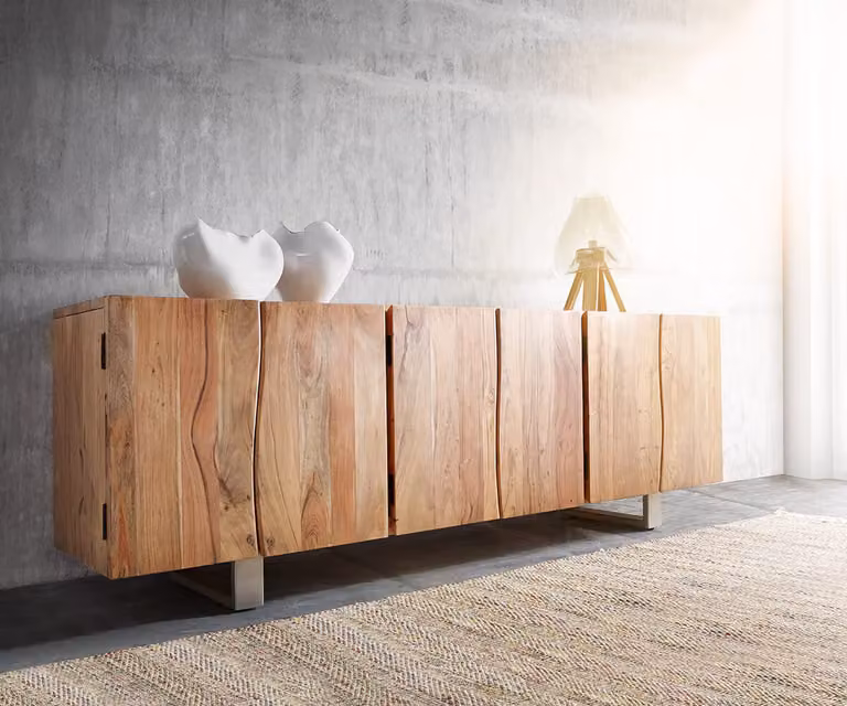 DELIFE Dressoir Live-Edge van massief acacia hout met 6 deuren, Bruin en Zilver, Breedte: 220 cm