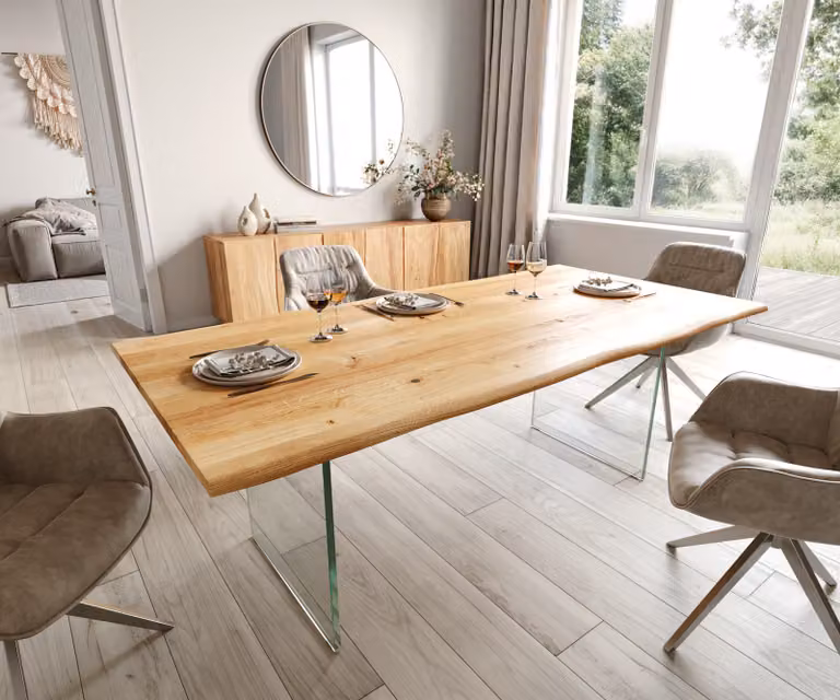 DELIFE Eettafel Edge met Live-Edge eikenhout en glas, Bruin/Transparant, B: 200 cm, D: 100 cm, H: 73,5 cm