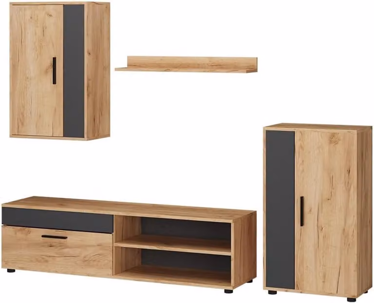 Complete Woonwand Set van 4 Delen met Kast, Dressoir, Plank en TV-meubel in Eikenlook en Antraciet