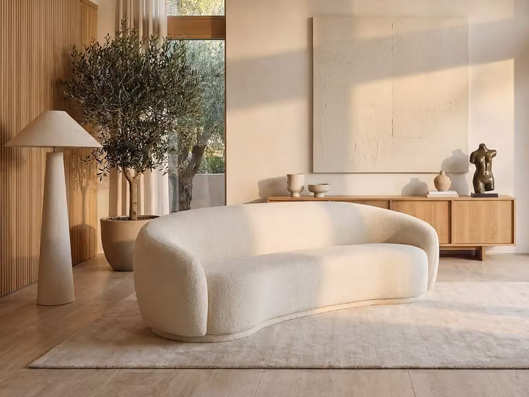Vente-unique Zitbank met 3 plaatsen in beige boucléstof – B/D/H: 227 x 71 x 88 cm