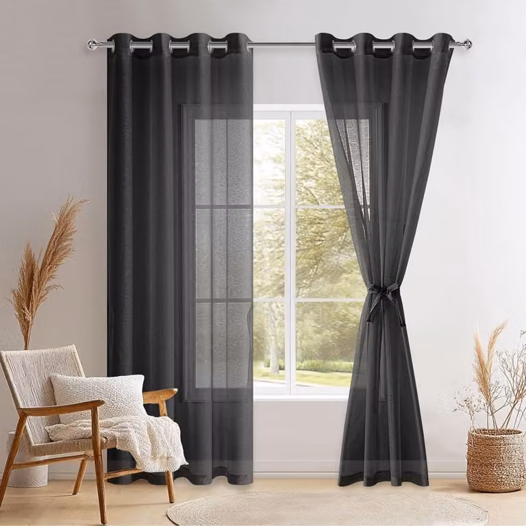 Transparante Voile Gordijnen met Oogjes voor Woonkamer, Kinderkamer en Slaapkamer, Zwart, H x B: 240 x 132 cm
