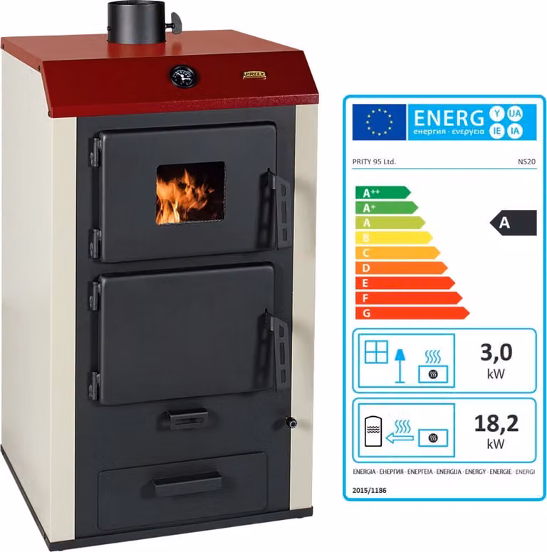 Prity NS20 3 watervoerende houtkachel voor cv met 3 + 18,2 kW voor radiatoren of vloerverwarming