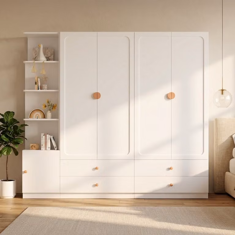 MIVRAY Kledingkast met deuren en lades voor slaapkamer, hal of kantoor, Wit, B/D/H: 225 x 45 x 200 cm