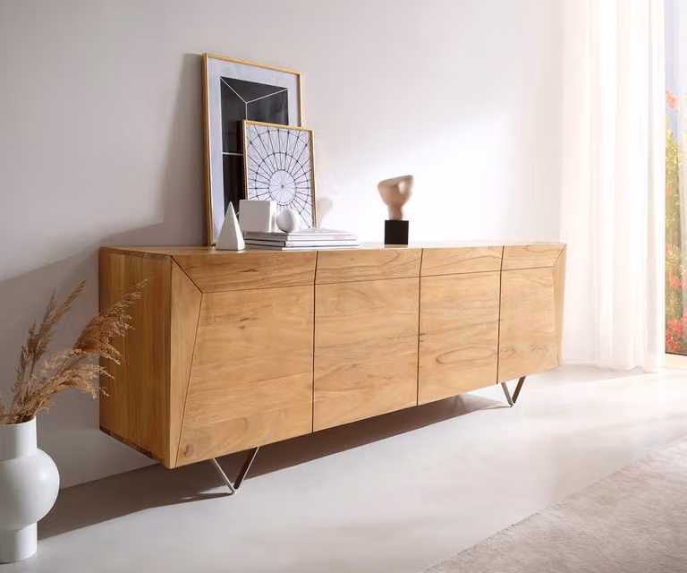 DELIFE Dressoir Kayu Modern Acacia Natuur met 4 Deuren en V-poten B: 200 cm, D: 40 cm, H: 70 cm