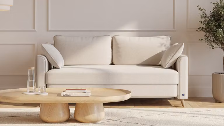 BRUNO slaapbank met massief houten poten in beige en wit, 160 cm