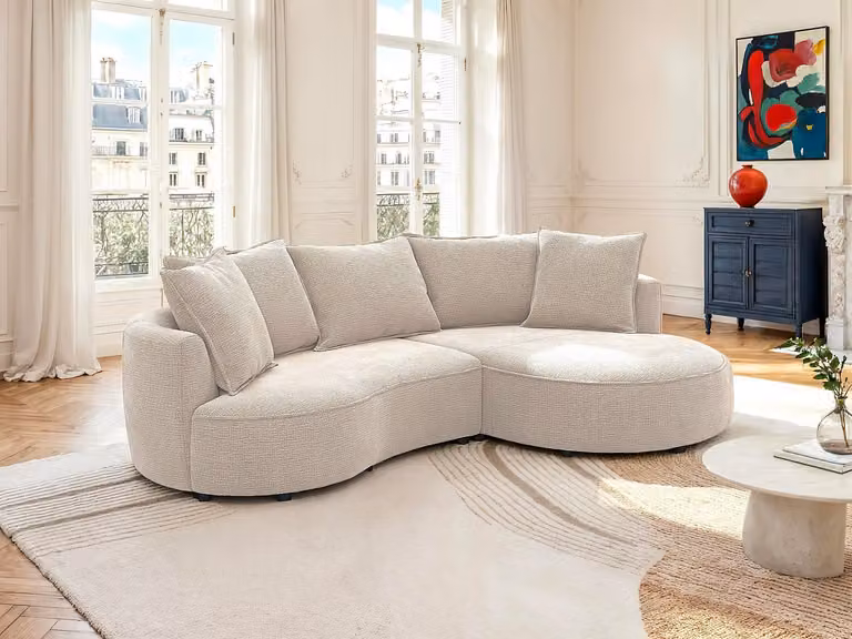 Maison Céphy CEPRANO Rechterhoekbank in beige chenillestof met sierkussens