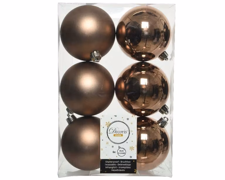 Decoris Kerstballen Walnoot Bruin - 6 stuks - Kunststof - Diameter: 8 cm