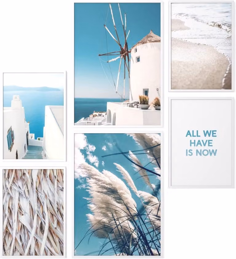 Wanddecoratie set: Griekenland Posterset Blauw Wit - 6 Delig Inclusief Houten Lijsten (Wit)