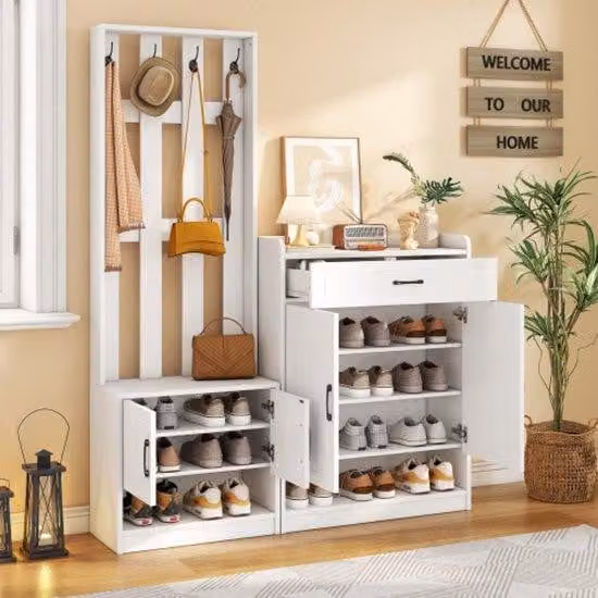 Moderne witte garderoberset voor de hal met paneel, bank en schoenenkast, mat MDF, B/D/H: 140 x 30,5 x 180 cm