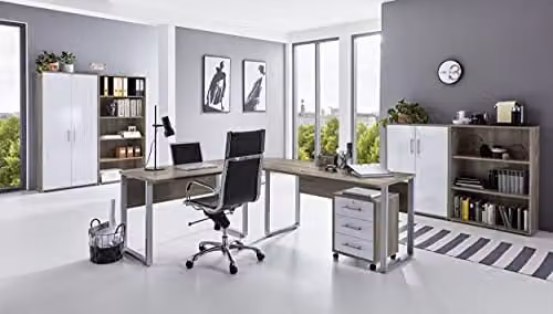 BMG Möbel 6-delige bureauset voor home office in eiken en wit met houtlook en metalen details