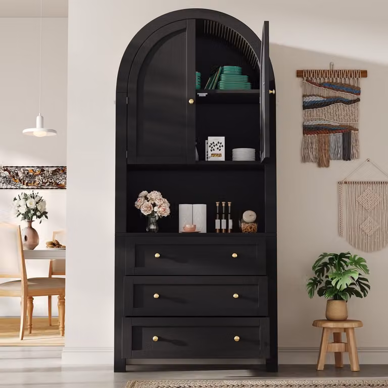 Re-purelife Hoge boogkast met 3 lades en deuren, zwart vrijstaande opbergkast voor keuken of woonkamer, B/D/H: 70 x 35 x 180 cm