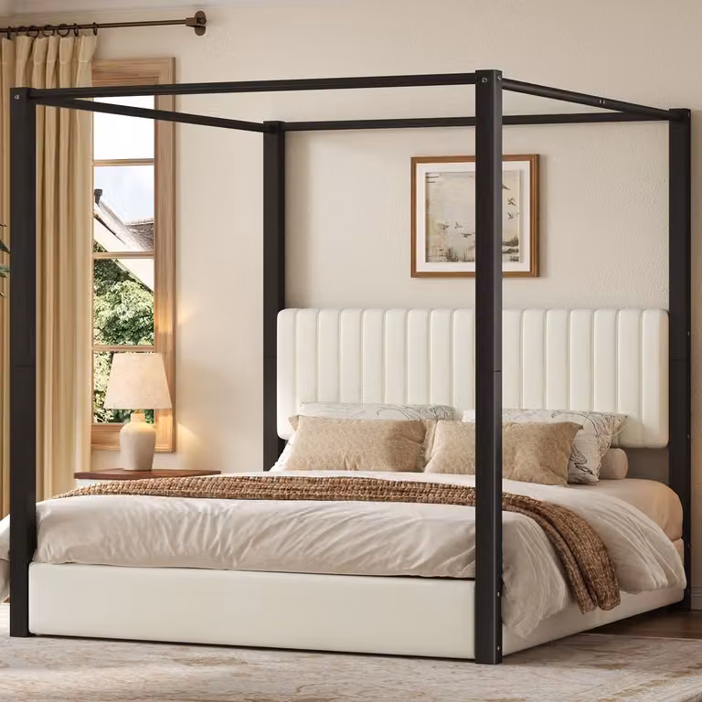 Gestoffeerd Vierpaals Bed met Velvet Bekleding en Hoofdbord - Beige - 180x200 cm