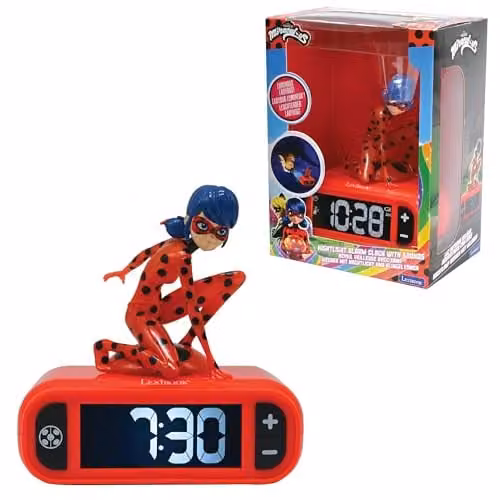 Lexibook Miraculous Ladybug Cat Noir Nachtlampje en Wekker met LCD-scherm en Geluiden, Rood, RL800MILXB