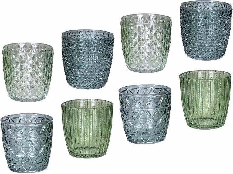 Set van 8 retro windlichten in groen glas voor theelichthouders, Hoogte: 75 cm